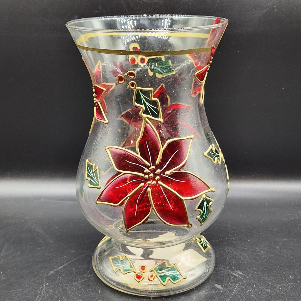 Fifth Avenue Crystal Christmas Poinsettia Glass Vase Candle Holder Hurricane 9"